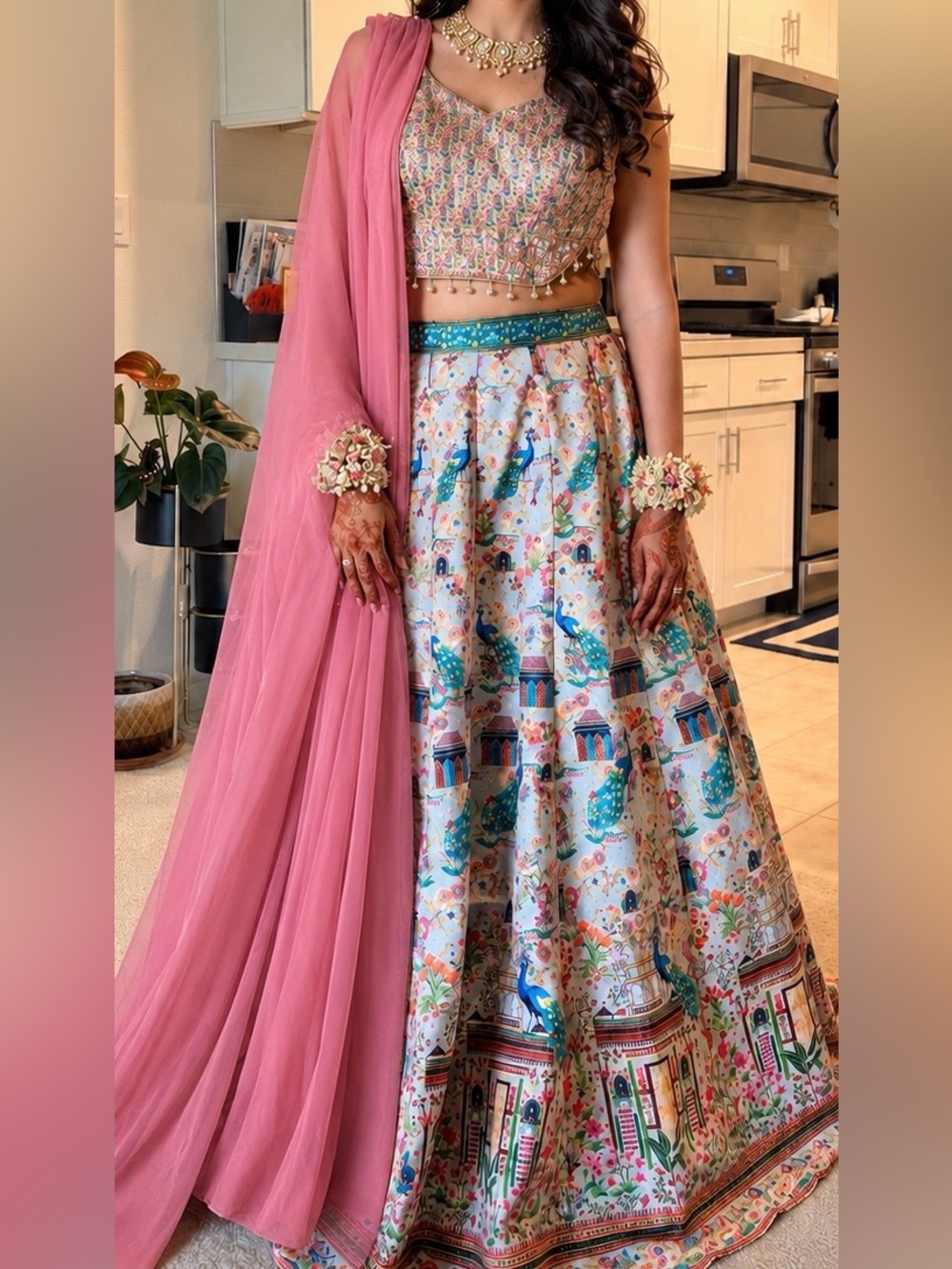 Floral 3 piece  Peacock Print A-Line Skirt with Pink Dupatta Lengha